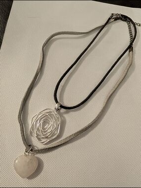 Layered Grey Cord Necklace with Silver Rose Pendant and White Heart Charm